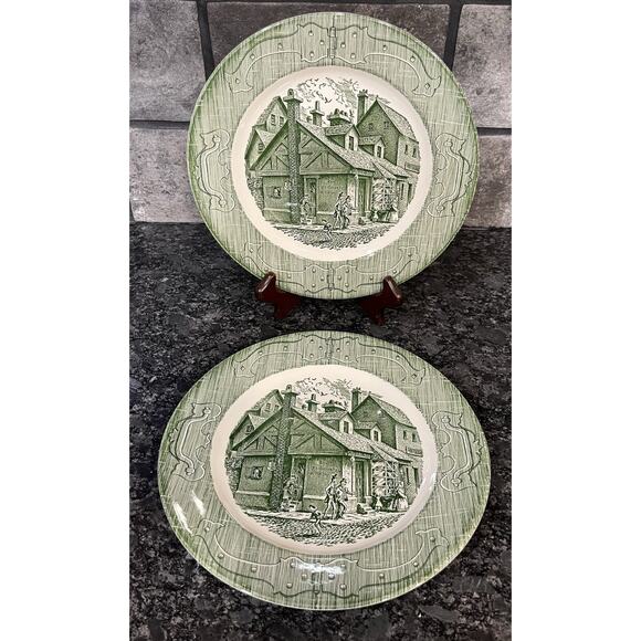 2 Royal China 10" Dinner Plates The Old Curiosity Shop Green Hinges on Rim - Picture 1 of 3
